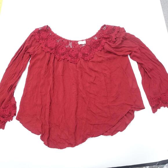 Altar'd State Blouse Top Womens Medium Red Floral Lace Neck Long Sleeve Pullover - Picture 1 of 6